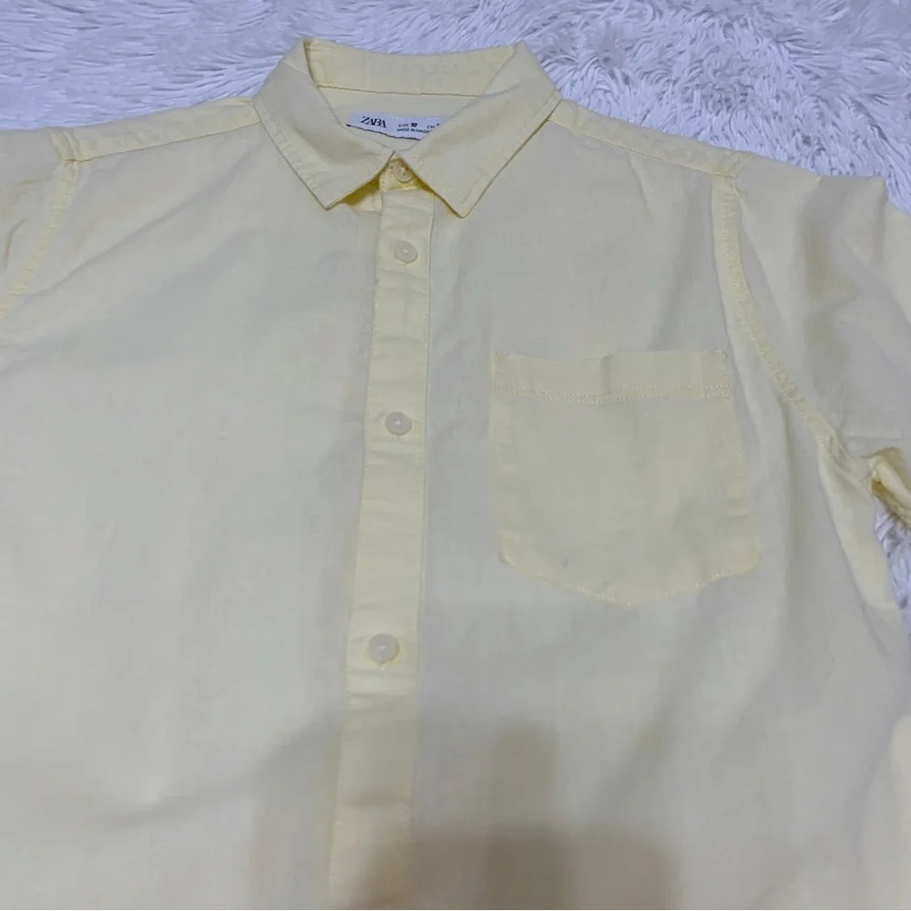 Zara boy's Short Sleeve linen blend button‎ up Shirt in light yellow
